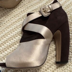 Miu Miu Brown Suede and Champagne Satin Ankle Booties